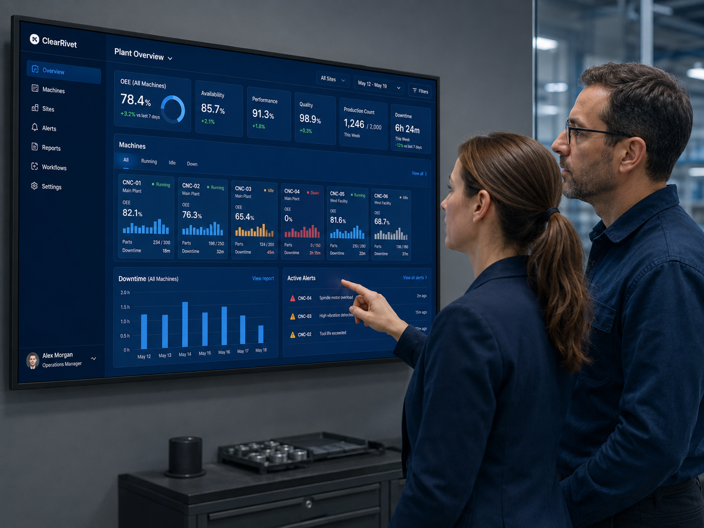 Two manufacturing team members reviewing the ClearRivet plant dashboard together