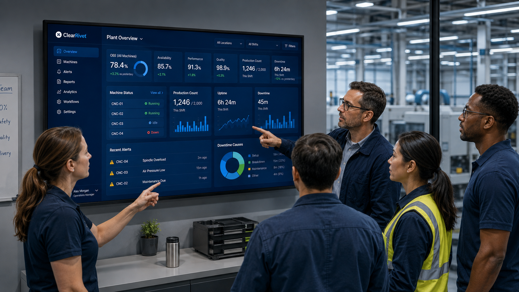 Manufacturing team reviewing production analytics together on ClearRivet